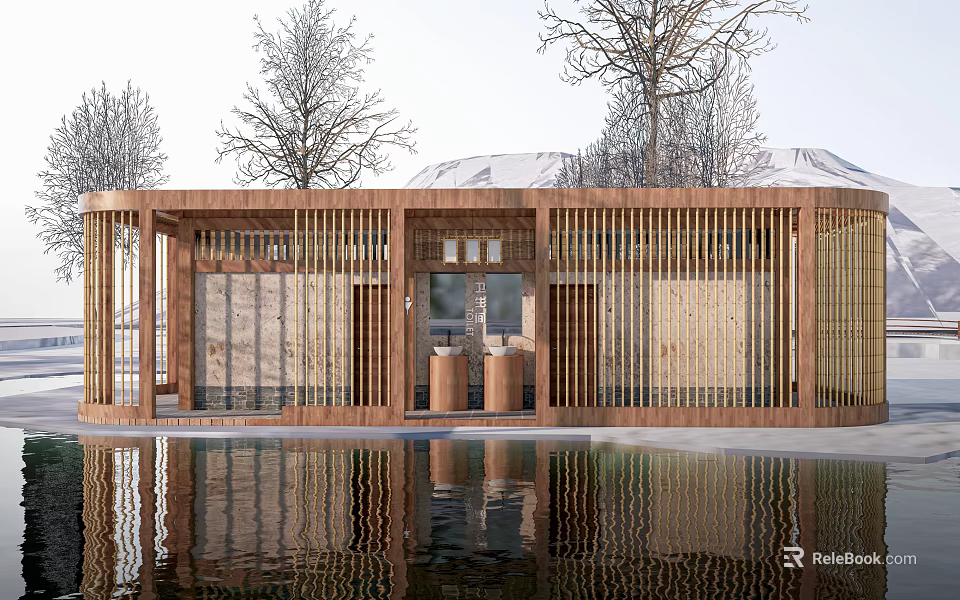 Modern Wooden Building With Lattice Design And Water Reflection Surrounded By Trees 3d model 