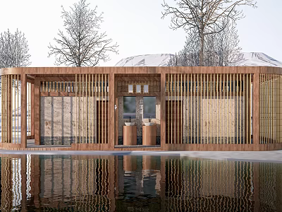 Modern Wooden Building With Lattice Design And Water Reflection Surrounded By Trees 3d model