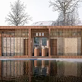 Modern Wooden Building With Lattice Design And Water Reflection Surrounded By Trees