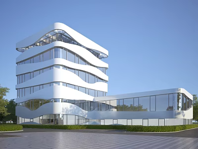 Modern Curved Office Building With Glass Windows Multiple Floors Surrounding Greenery And Open Plaza 3d model