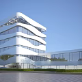 Modern Curved Office Building With Glass Windows Multiple Floors Surrounding Greenery And Open Plaza