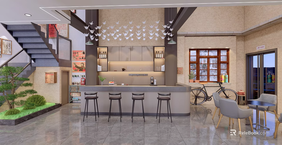 Modern Hotel Lobby Interior With Counter Stools Decorative Wall Window And Bicycle 3d model