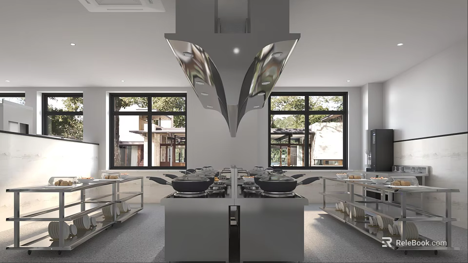 Professional Modern Commercial Kitchen Interior With Stove Range Hood Worktables Storage Cabinets And Windows 3d model 