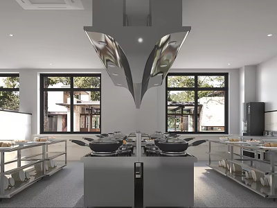 Professional Modern Commercial Kitchen Interior With Stove Range Hood Worktables Storage Cabinets And Windows 3d model