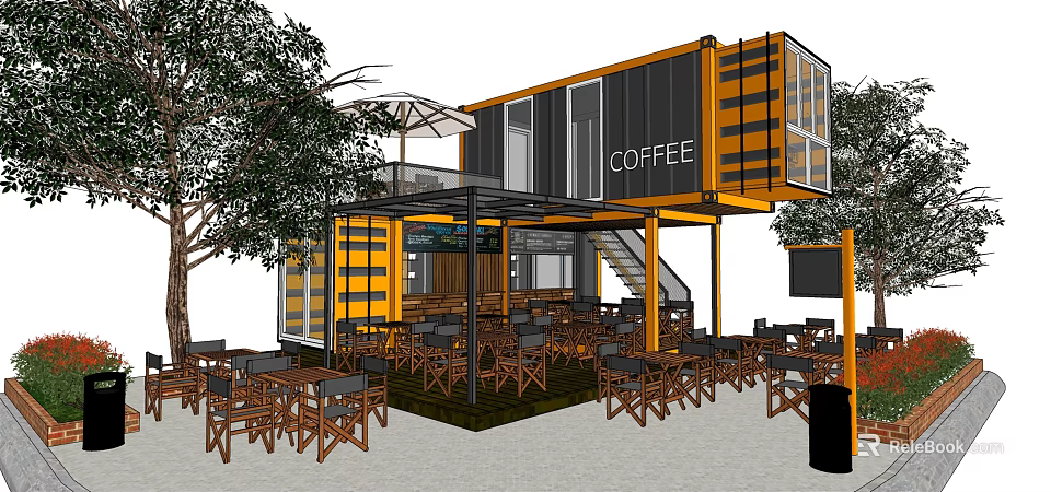 Modern Shipping Container Coffee Shop With Outdoor Seating Wooden Tables Trees And Umbrella 3d model 