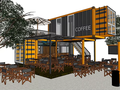 Modern Shipping Container Coffee Shop With Outdoor Seating Wooden Tables Trees And Umbrella 3d model