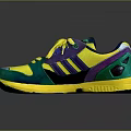Vibrant Colorful Sneakers With Yellow Green Purple Design Yellow Laces And Side Three Stripes