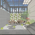 Modern Courtyard Garden with Glass Roof Gray Walls Wooden Furniture Green Plants and Gravel Floor