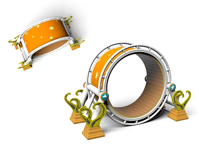 Orange Drum Shaped Play Equipment With White Stars And Golden Decorative Stands 3d model