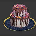 Two Tier Cake With White Frosting Chocolate Drizzle And Fresh Fruit Toppings On Blue Plate