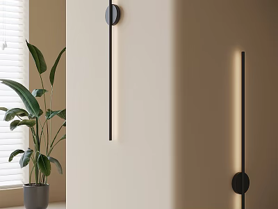 Modern Minimalist Black Slim Design Wall Lamp With Indoor Light Beige Wall And Green Plant 3d model