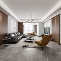 Modern Living Dining Room Interior Design With Gray Sofa Yellow Armchair And Wooden Walls