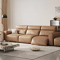 Leisure Brown Leather Sofa Set With Marble Coffee Table Floor Lamp And Decorative Painting