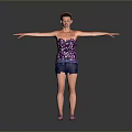 Woman With Arms Outstretched Wearing Purple Floral Tank Top Blue Shorts And Purple Sandals