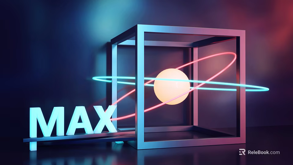 Metal Cube With Glowing Sphere And Neon Rings Near MAX Sign 3d model 