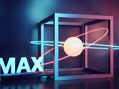 Metal Cube With Glowing Sphere And Neon Rings Near MAX Sign 3d model