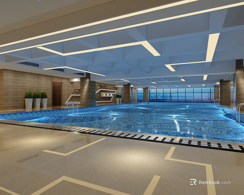 Spacious Indoor Swimming Pool With Bright Ceiling Lights Large Windows And Modern Floor Design 3d model 