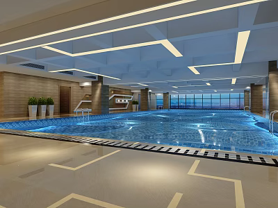 Spacious Indoor Swimming Pool With Bright Ceiling Lights Large Windows And Modern Floor Design 3d model