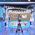 Modern Public Office Space with Wooden Accent Wall Blue Lighting Balloon Decorations and Display Sign