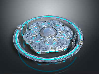 Futuristic Tech Device With Glowing Blue Ring Central Transparent Sphere And Intricate Metallic Patterns 3d model