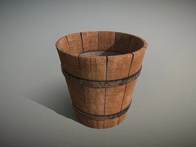 Traditional Rustic Wooden Bucket With Sturdy Wooden Staves And Metal Hoops 3d model
