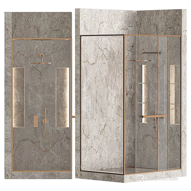 Elegant Modern Shower Head In Bathroom With Marble Wall And Glass Partition 3d model 