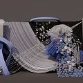Modern Luxury Stage With Blue White Floral Decor Curved Lines Structure and Lighting Effects