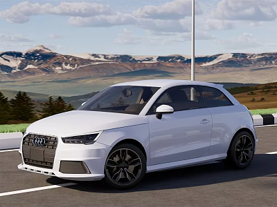 White Audi Car Parked On Road With Scenic Mountain Background Outdoor View 3d model