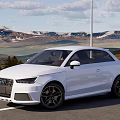 White Audi Car Parked On Road With Scenic Mountain Background Outdoor View