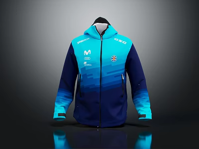 Sporty Hooded Jacket With Blue To Cyan Gradient Zipper Design And Chest Logos 3d model