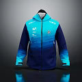 Sporty Hooded Jacket With Blue To Cyan Gradient Zipper Design And Chest Logos