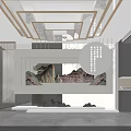 Modern Interior Design Featuring Landscape Painting Gray Flooring And Wooden Ceiling Lines