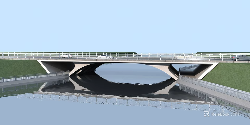 Modern Bridge with Car Traffic Over River and Reflection on Water Surface Under Clear Sky 3d model 