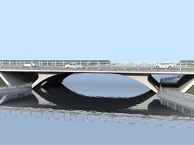 Modern Bridge with Car Traffic Over River and Reflection on Water Surface Under Clear Sky 3d model