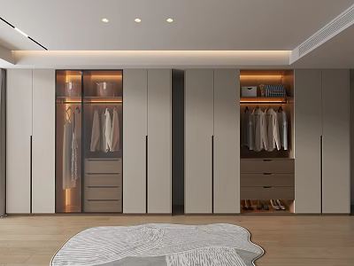 Modern Walk in Closet Interior Design With Glass Cabinets Hanging Clothes And Drawers 3d model