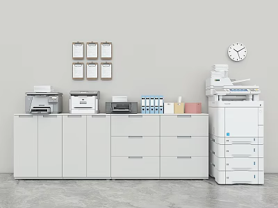 Modern White Bookcase In Office Area With Printers File Cabinets Wall Clock And Picture Frames 3d model