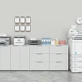 Modern White Bookcase In Office Area With Printers File Cabinets Wall Clock And Picture Frames