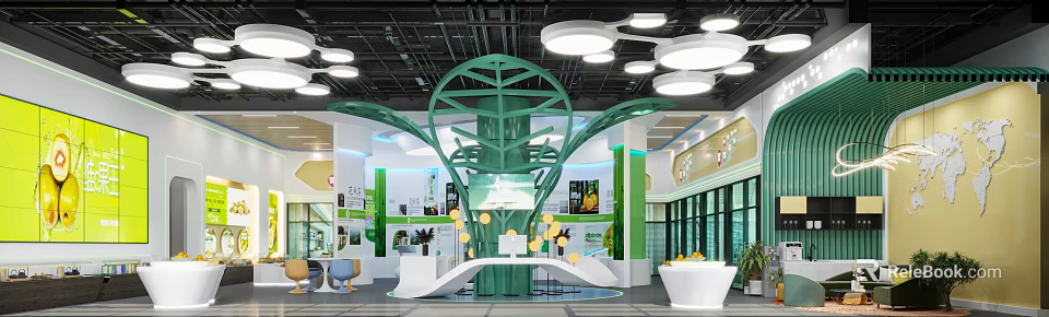 Modern Exhibition Hall Interior With Green Tree Shaped Decoration White Pendant Lights And Eco Counters 3d model 
