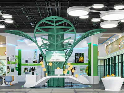 Modern Exhibition Hall Interior With Green Tree Shaped Decoration White Pendant Lights And Eco Counters 3d model