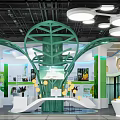 Modern Exhibition Hall Interior With Green Tree Shaped Decoration White Pendant Lights And Eco Counters
