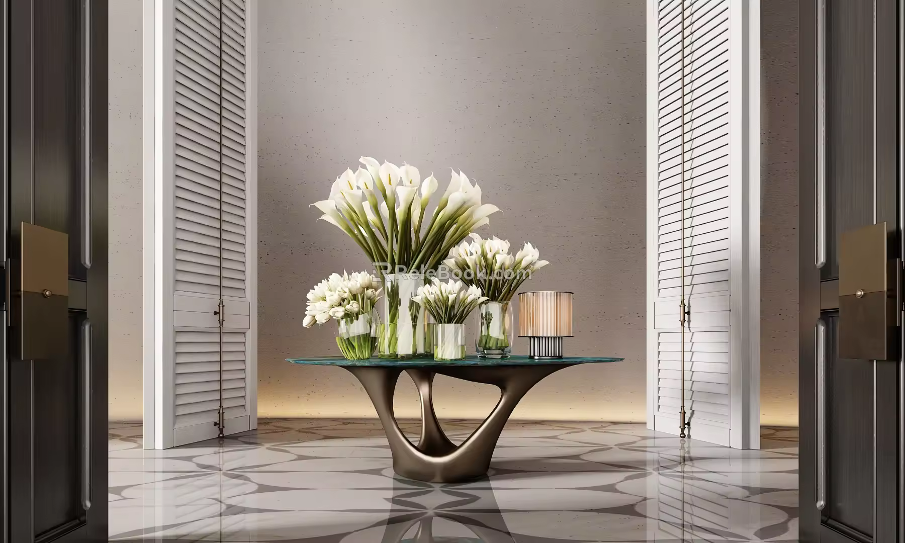 Modern hotel end view table porch table ornaments floral moss combination 3d model