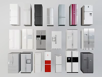 Assorted Refrigerators And Freezers In Different Colors Styles And Designs Showcase 3d model