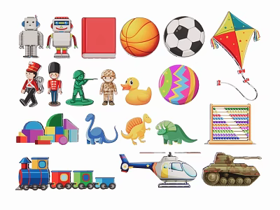 Children's Toy Silhouette With Robots Balls Kites Dinosaurs Blocks And Vehicles 3d model