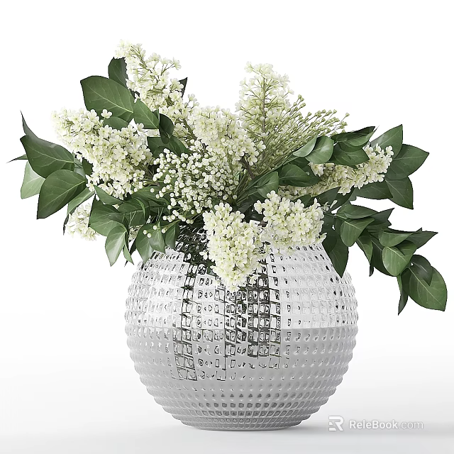 Decorative Ornament Set With Transparent Diamond Pattern Glass Vase White Flowers And Green Leaves 3d model 