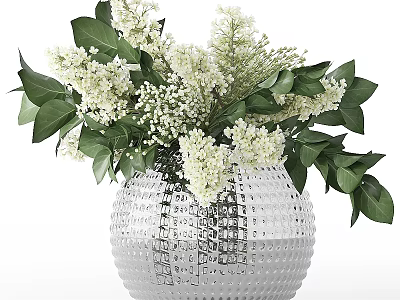 Decorative Ornament Set With Transparent Diamond Pattern Glass Vase White Flowers And Green Leaves 3d model