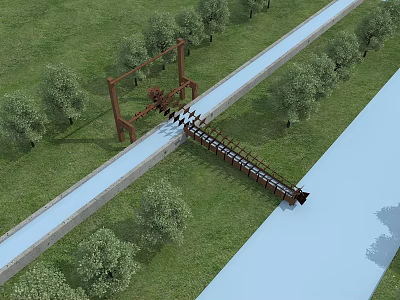 Wooden Garden Ornament with Linear Structure Water Channel and Lush Trees on Lawn 3d model
