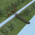 Wooden Garden Ornament with Linear Structure Water Channel and Lush Trees on Lawn