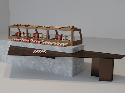 Modern Wooden Display Shelf With Multi Tiered Design Marble Base And Open Structure Displayed Items 3d model