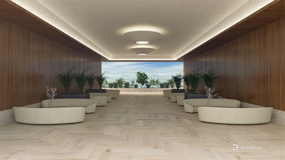 Spacious Leisure Area With Wooden Walls Round Sofas Green Plants And Outdoor View 3d model 