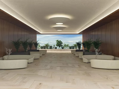 Spacious Leisure Area With Wooden Walls Round Sofas Green Plants And Outdoor View 3d model